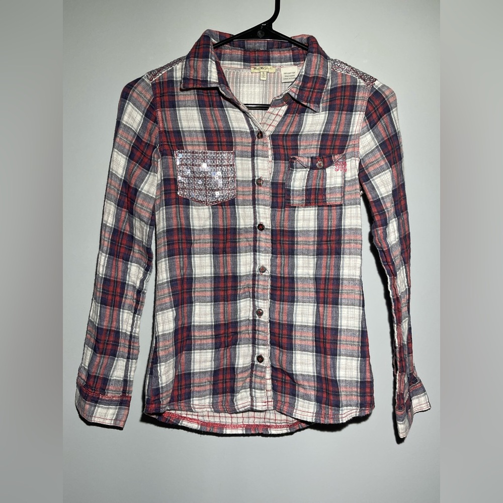 Miss Me Red and Blue Plaid Button-Down Shirt